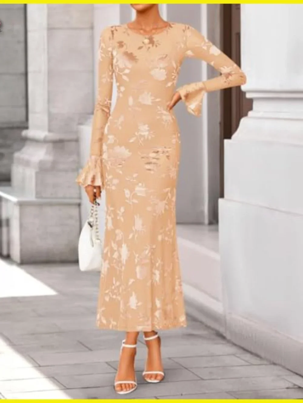 Bell Sleeve Floral Maxi Dress Bodycon Mesh Long Sleeve Cocktail Party Elegant